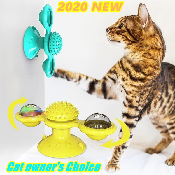 Cat Toys Interactive Cat Toy with Suction Cup Portable Windmill Scratch Hair Brush Soft Silicone Washable Cat Grooming Shedding Massage Scratch Hairer Cat Brush for Cats 