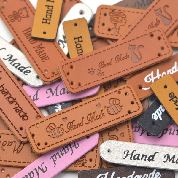 DREMISI 80PCS Handmade PU Leather Labels & Tags | 4 Designs, 3 Sizes With Button Holes For Sewing & Crafts