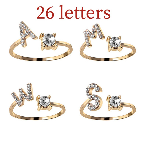 26 Letter Ring English Diamond Ring Opening Engagement Ring A B C D E F G H I J K L M N O P Q R S T U V W X Y Z Wish