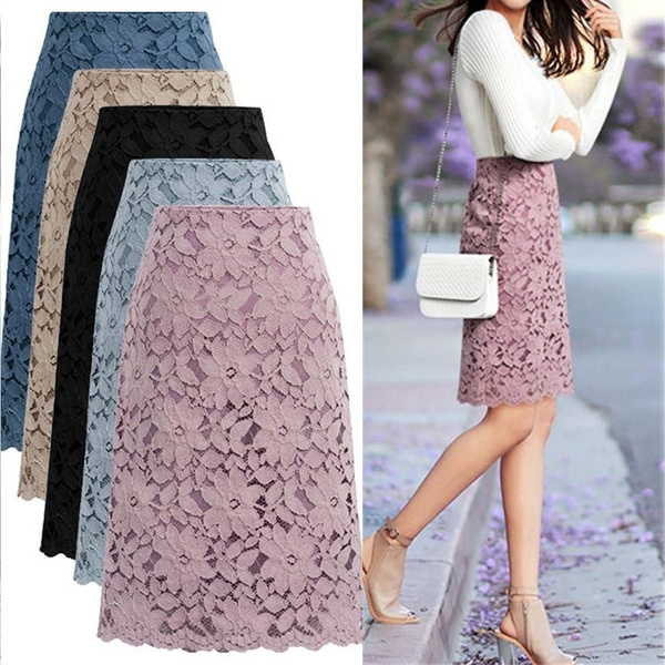 Women Fashion Lace Skirt A-Line Hollow Out Skirt Knee Length High Quality  Bodycon Midi Dress Plus SIze M-6XL