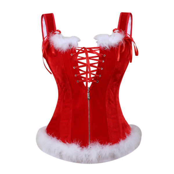 Women Red Sexy Straps Zipper Corset Bustier Lingerie Top White Feather ...