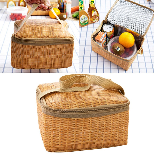 Insulated Thermal Storage Bags Waterproof Lunch Bag Imitation Rattan Woven 