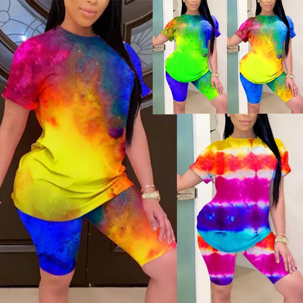 Women Summer Fashion Tie-dye Printed Casual Printed Shorts Two-piece ...