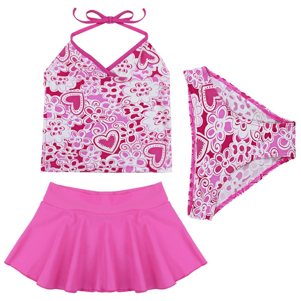 3Pcs Girls Hot Pink Tankini Swimsuit Set Swimwear Halter Tops Bottoms ...