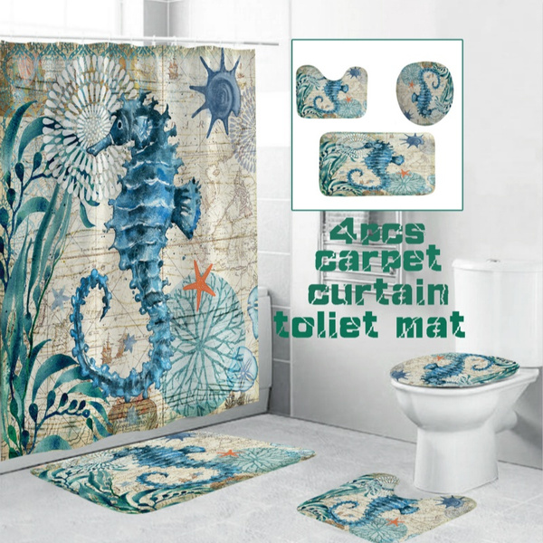 1 3 4 Piece Deep Sea Seahorse Shower Curtain With Anti Slip Carpet Toilet Lid And Bath Mat Blue Waterproof Durable Wish Piece Deep Sea Seahorse Shower Curtain, Seahorse Shower Curtain