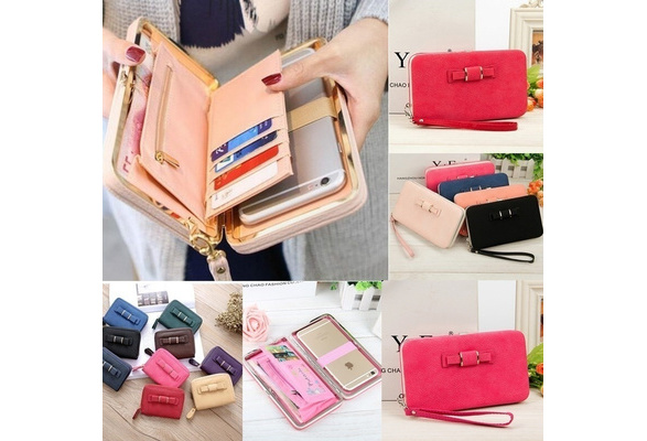 Women bowknot wallet long purse phone clearance card holder clutch large capacity pocket