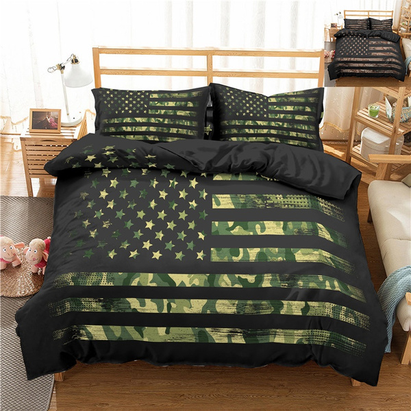 2 Colors Army Green Camouflage American, American Flag Twin Bed Sheets