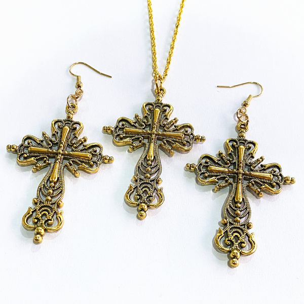 Large Victorian Cross Necklace Earring Jewelry Set For Women Chain God  Silver Religious Gothic Jesus