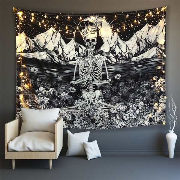 Skull Flowers Tapestry, Floral Skeleton Wall Hanging Moon Garden