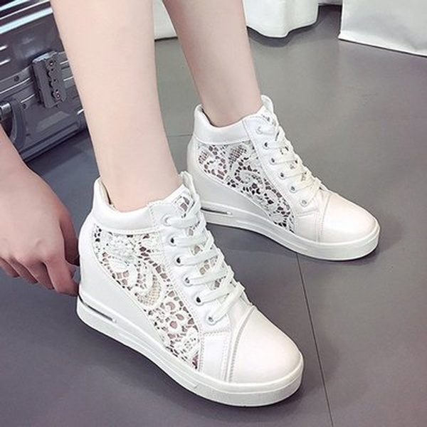 Women's Round Toe Mesh Lace Up Wedge Platform  Hollow Sneakers Casual Shoes