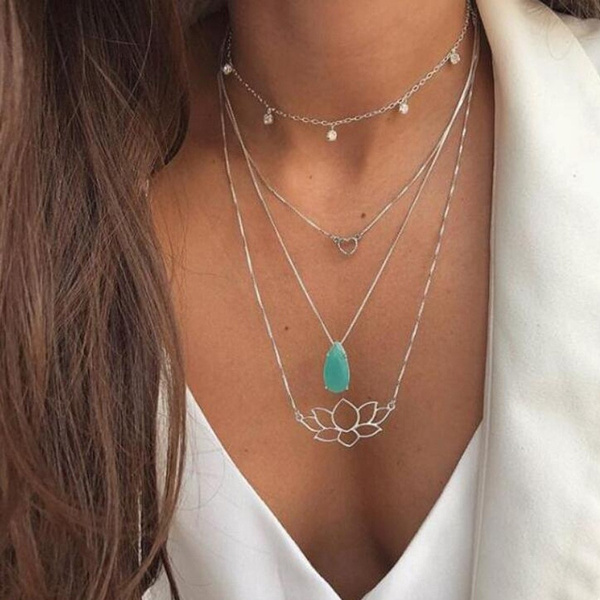 Boho Women Multi-layer Long Chain Pendant Crystal Heart Choker Necklace Jewelry 
