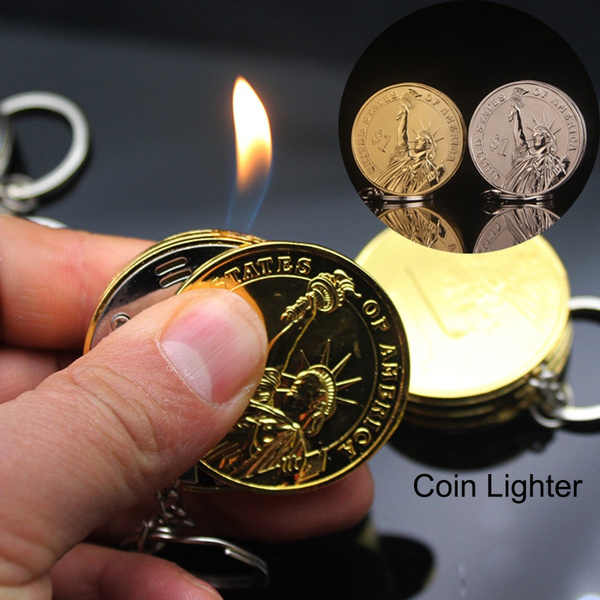 coin in cigarette lighter New Metal Pendant Coin-Shaped Rechargeable Fire Lighter Keychain Creative  Compact No Gas Lighter Inflated Jet Bar One Dollar Gift