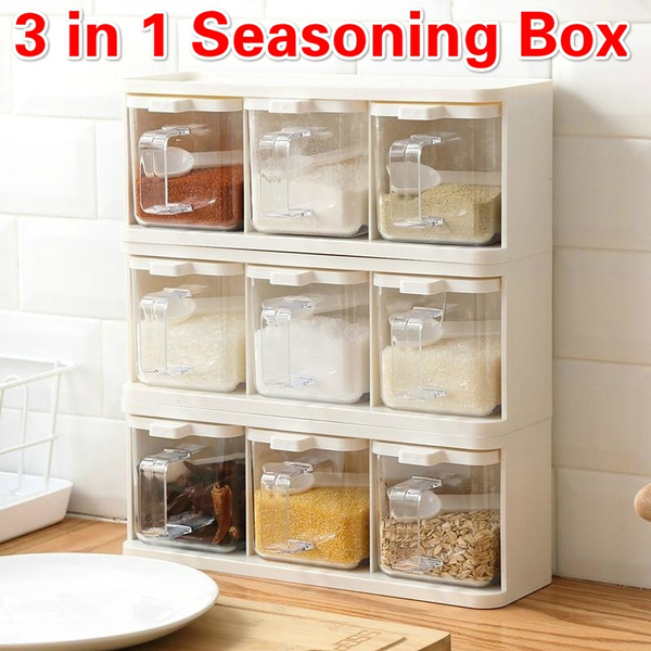 Vertically Rotatable Storage Seasoning Boxes Spice Jar Bottle with Handle Spoon Kitchen Storage Container Herb Spice Tools