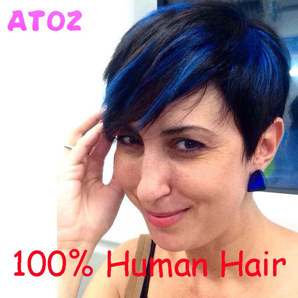 Pixie Cut Straight 100 Human Hair Wigs For Women Mix Blue Black