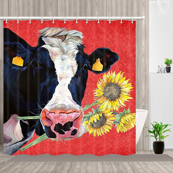 72" Sunflower Farm Red Truck Cow Shower Curtain & Hooks Bathroom Accessory Sets 