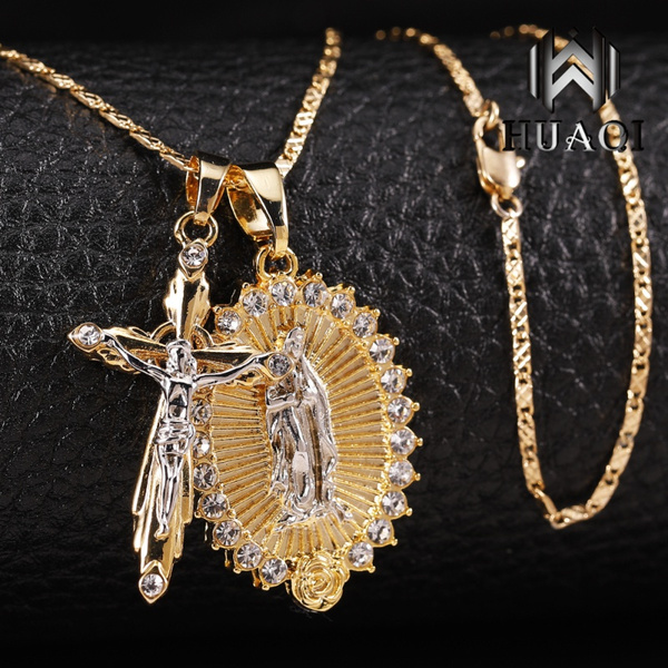 HUAQI 18k Gold Cross Necklace+Virgin 