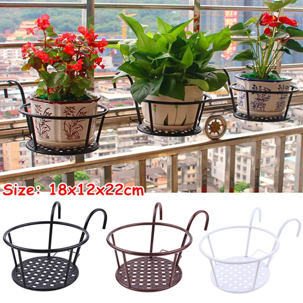 Outdoor Hanging Basket Plant Iron Racks Fence Balcony Round Flower Pot ...