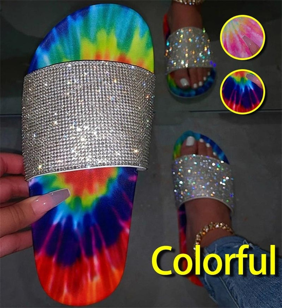 Women Summer Sandals Colorful Sparkly Tie Dye Rhinestone Slides