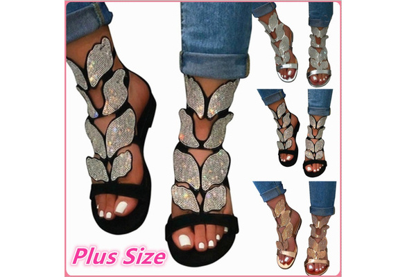 Womens Sandals Butterfly Rhinestone Strap Womens Sandals Zipper Open Toe Gladiator Sandals Flip Flops