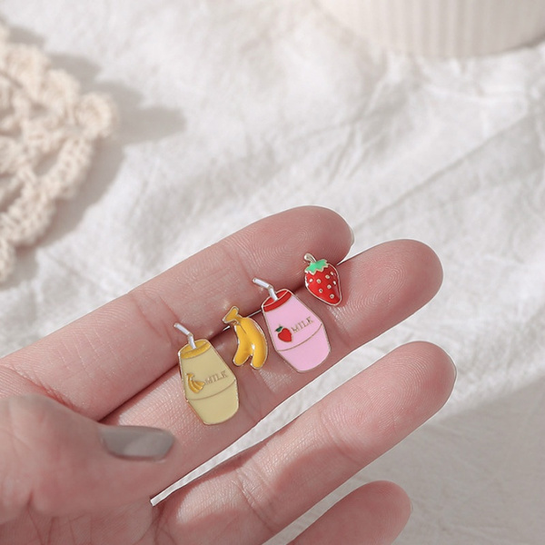 Cute Cartoon S925 Silver Earrings, Simple and Small Fun Earrings,  Asymmetrical Strawberry Banana Milk Earrings，Cartoon Cute Fruit Shape  Earrings | Wish