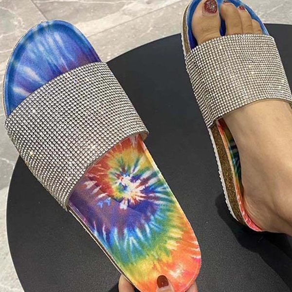 Women Summer Colorful Sparkly Tie Dye Rhinestone Sandals Slides