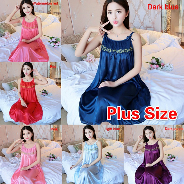 Large Sexy Night Dress Ice Silk Satin Sleepwear Female Nightgown