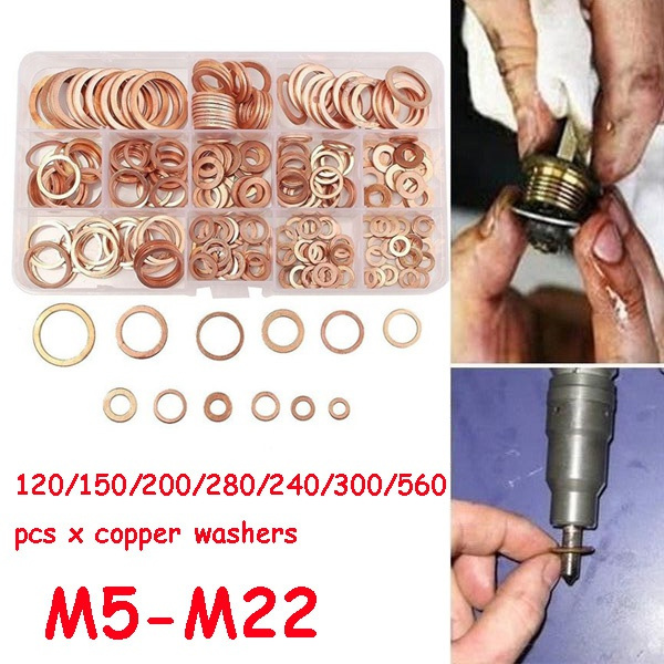 150-300pcs Copper Washer Gasket Set Flat Ring Seal Assortment Kit Box M5-M22