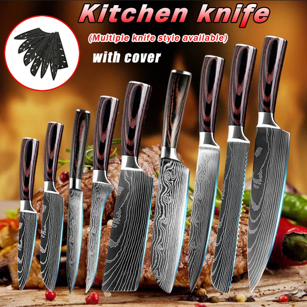8PCS/set Kitchen Knife Set Japanese Knife Sets Japanese Kitchen Knives  Forged Kitchen Knife Laser Damascus Pattern Chef Knife Sharp Santoku Knife  Set