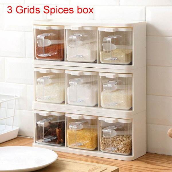 Hedume 2 Pack 3 Grids Clear Seasoning Box with Handle and Spoon, Seasoning  Storage Container Rack Combo Set with Removable Cruet Jars for Spice Salt