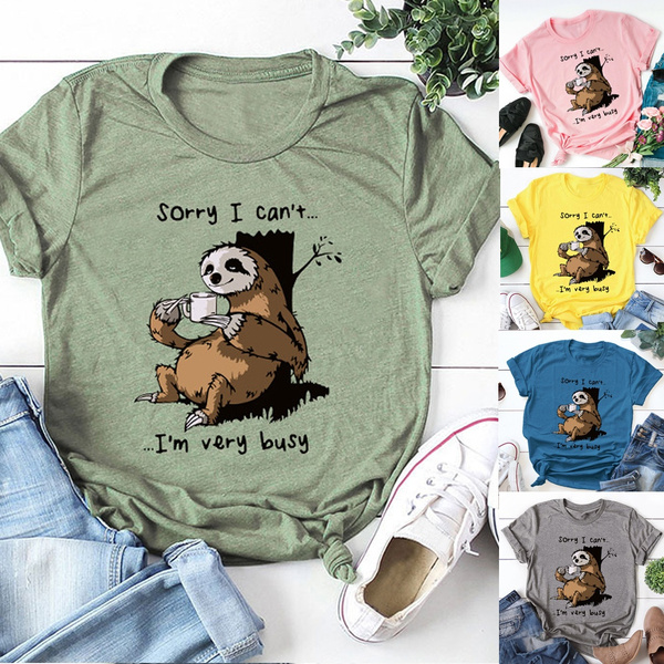 FZLYE Women Sorry I Can't I'm Very Busy Graphic T-Shirt Short Sleeve Funny Sloth Shirt