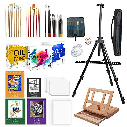 Art Supplies, Deluxe Wooden Art Set Crafts Drawing Painting Kit with 12  Watercolor Paints, 12 Brushes, 2 Sketch Pads, 2 Canvas Boards, Palette