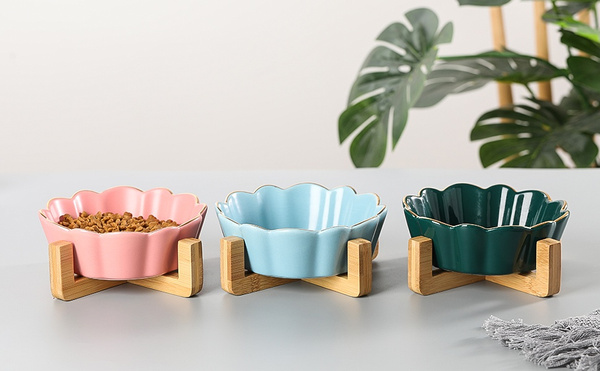 Ceramic Cat Dog Bowl Dish with Wood Stand No Spill Pet Food Water ...