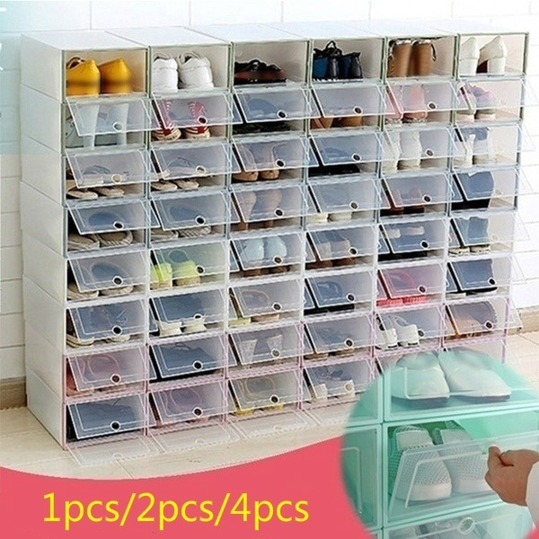 1 2 4pcs Shoe Racks Plastic Storage Bins Drawers Transparent Plastic Shoe Box Flip Cover Storage Box Single Modular Drawers Combination Shoe Rack Wish