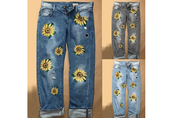 S-3XL Pants Lady Casual Denim Pants Women Sunflower Embroidery Jeans