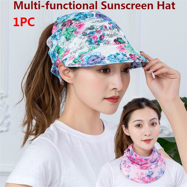 Women Fashion Sun Protection Ponytail Cap Multifunctional Neck Scarf Floral Printed Scarves Outdoor Riding Sun Hat Wish