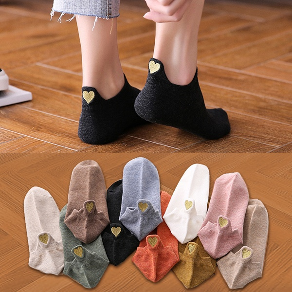 2/5/10 Pairs Women Cute Ankle Socks Girls Heart Knit Cotton Socks Solid ...