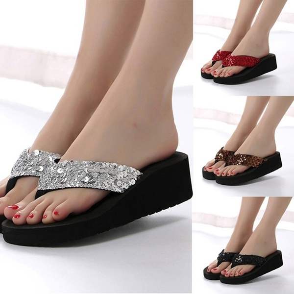 Women's Glitter Sequined Platform Thing Sandals Antiskid Wedge Heel ...