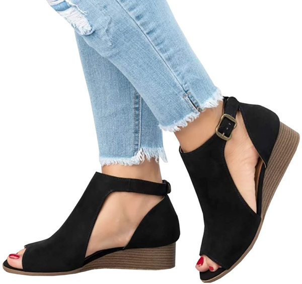 black peep toe wedges low heel