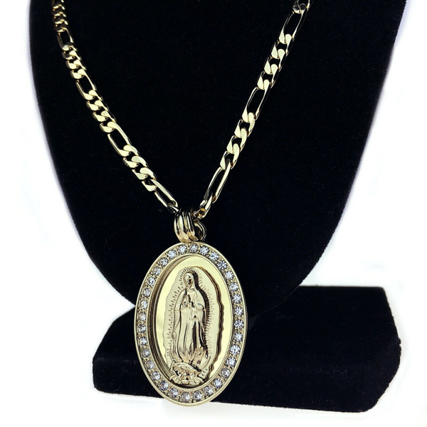 Guadalupe Width 14k Gold PT Charm Pendant 7mm 24" Figaro Necklace Choker Chain 