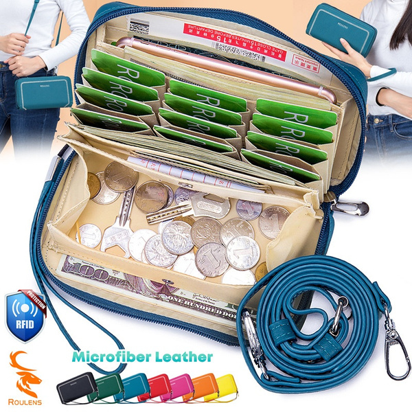 Roulens PU Leather Wallet for Women with RFID Leaf Pendant Zipper Coin Long with