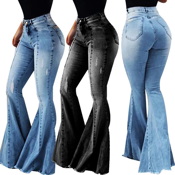 High Waist Elastic Flare Jeans Women Fashion Retro Bell Bottom Skinny Jeans  Female Blue Wide Leg Denim Pants Ladies Stretchy Trousers