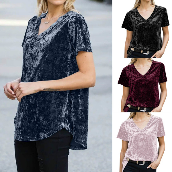 Gold Velvet V-neck T-shirt Summer New 