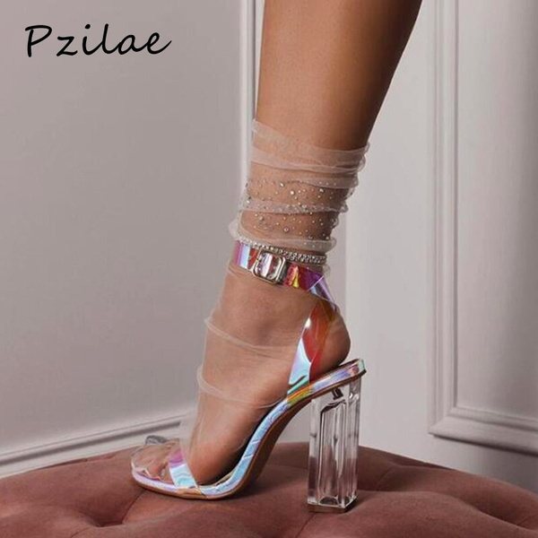 Womens Party Ankle Strap High Heels Ladies Sandals Pvc Open Toe Block Heel  Shoes