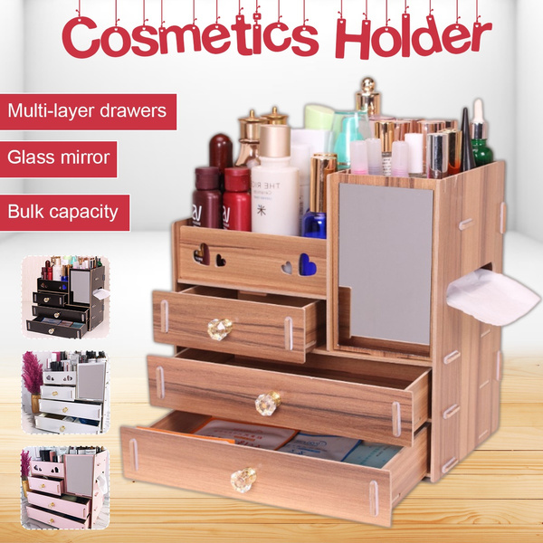 4 Choices Wooden Storage Makeup Organizer Case Holder Cosmetic Display Drawers Jewelry W Drawer Mirror Wish 4 Choices Wooden Storage Makeup, Wooden Makeup Organizer With Mirror