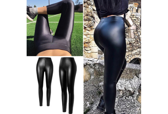 Womens Shiny Black Leggings Faux Leather Leggings Stretchy