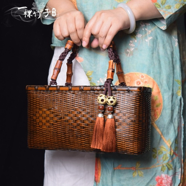 Hand woven bag Japanese bamboo woven bag handbag Zen literature retro women s bag Chinese style