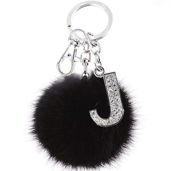 NEW Crystal Letters Keychain Fluffy Black Pompom Faux Rabbit Fur