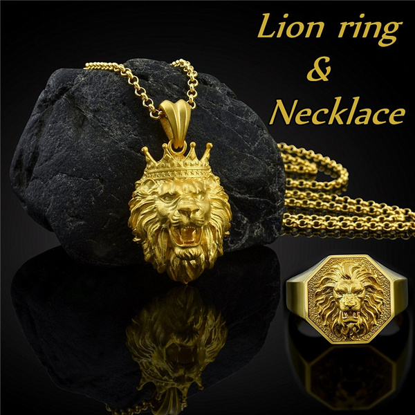 18K Gold Lion Ring with Necklace 