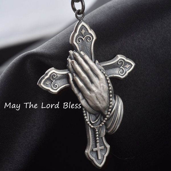Retro 925 Sterling Silver Jesus Cross Praying Hands Pendant Necklace For  Mens Christian Jewelry | Wish