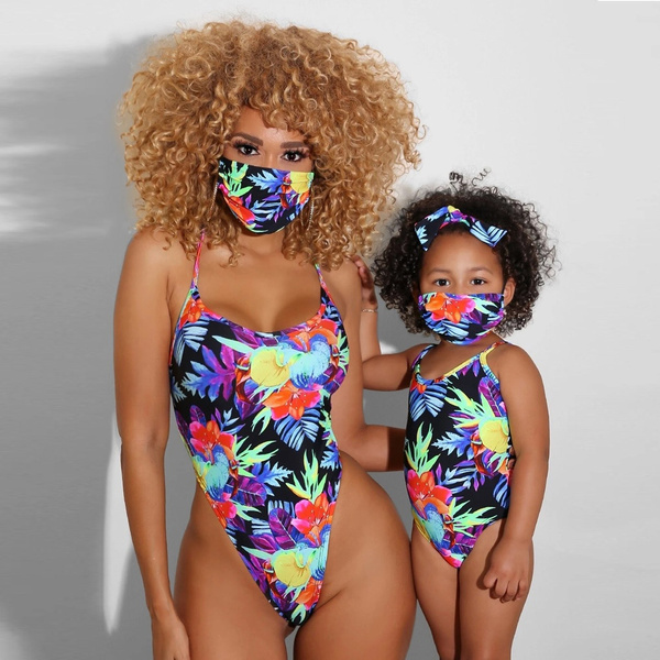 Family Matching Swimsuit Ruffle Women Girls One Piece Swimwear Mommy and Daughter Printed Swimsuit 